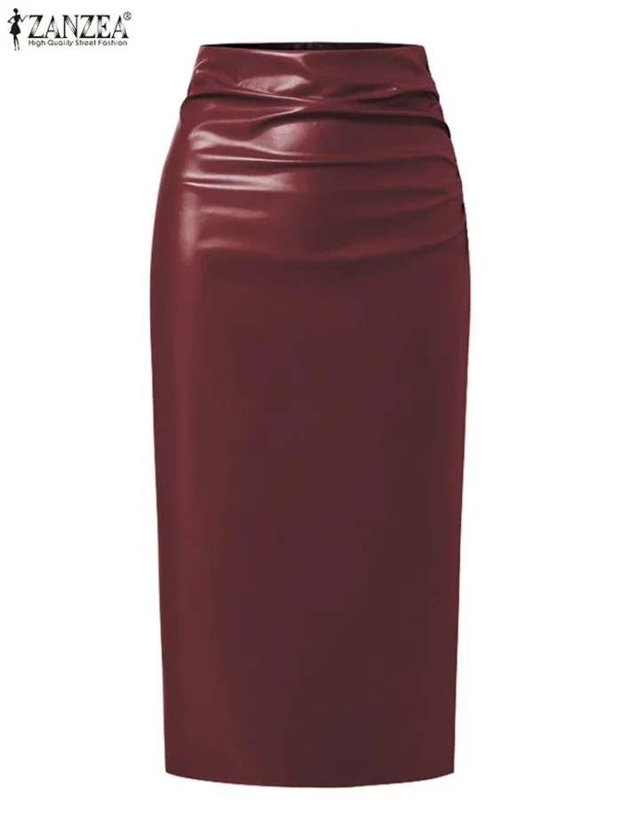 ZANZEA Women PU Leather Midi Skirts Fashion High Waist Long Jupes Holiday Sold Pleated Silm Faldas 4