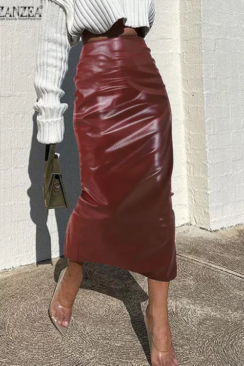 Women PU Leather High Waist Midi Skirts Fashion  Long