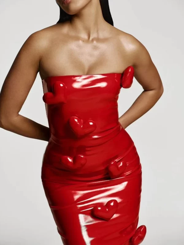 Fashion Red 3d Love Patent Leather Midi Dress For Women Elegant Sleeveless Backless Bodycon Robe Female 1