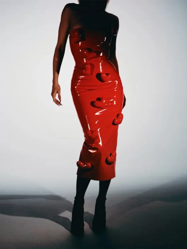 Fashion Red 3d Love Patent Leather Midi Dress For Women Elegant Sleeveless Backless Bodycon Robe Female 2