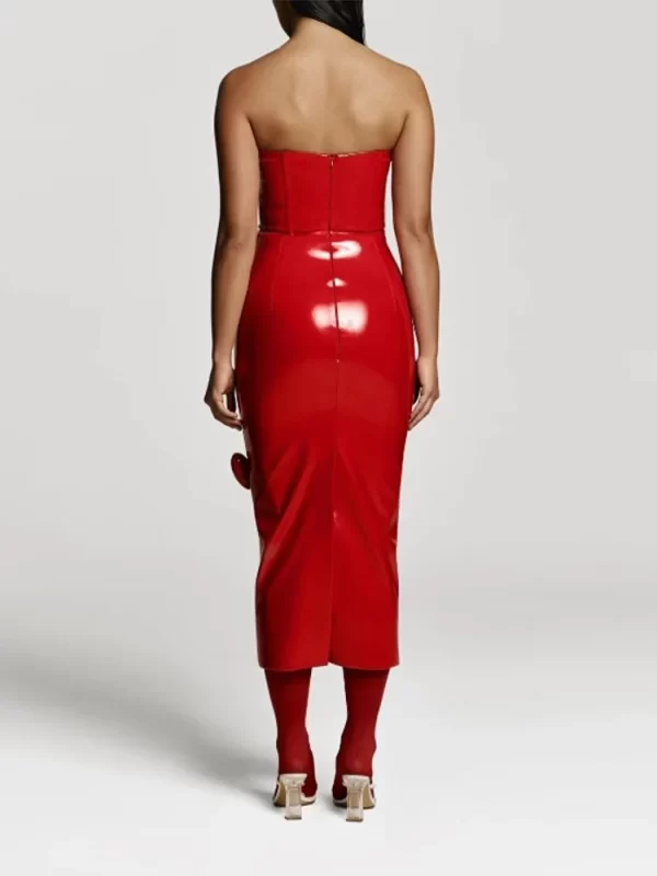 Fashion Red 3d Love Patent Leather Midi Dress For Women Elegant Sleeveless Backless Bodycon Robe Female 4