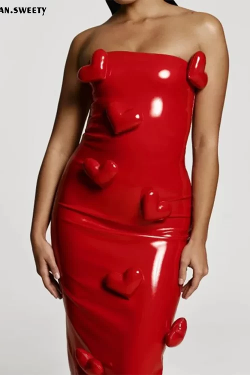 Women Sleeveless Bodycon Red 3d Love Patent Leather Midi Dress