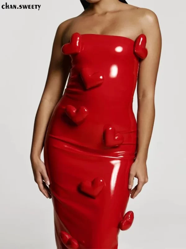 Fashion Red 3d Love Patent Leather Midi Dress For Women Elegant Sleeveless Backless Bodycon Robe Female