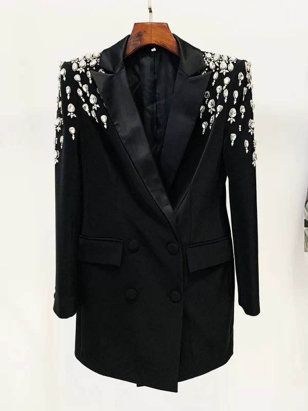 HIGH STREET Newest 2023 Designer Jacket Women s Double Breasted Rhinestone Diamonds Beaded Long Blazer Dress 1