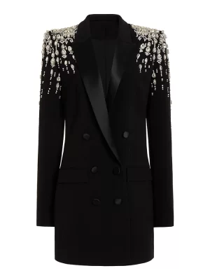 HIGH STREET Newest 2023 Designer Jacket Women s Double Breasted Rhinestone Diamonds Beaded Long Blazer Dress