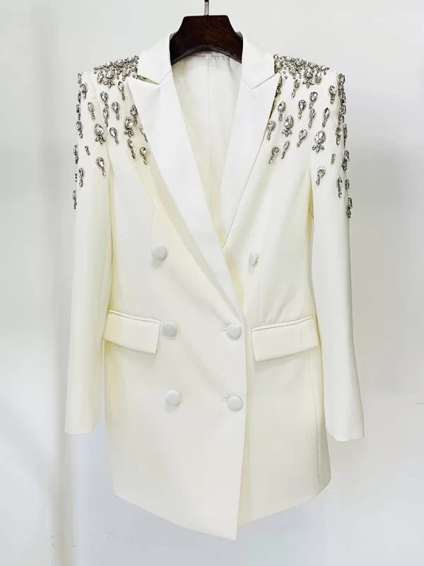 HIGH STREET Newest 2023 Designer Jacket Women s Double Breasted Rhinestone Diamonds Beaded Long Blazer Dress 4