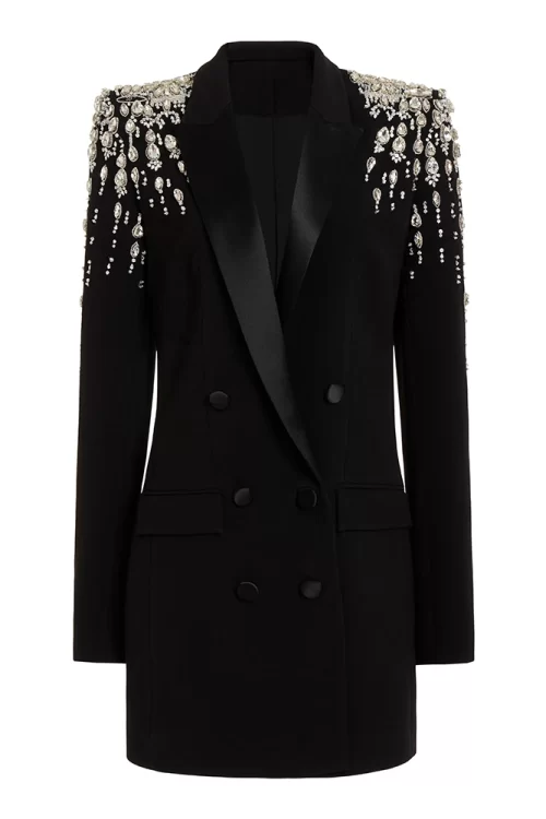 Women’s Black Double Breasted Rhinestone Beaded Blazer Dress