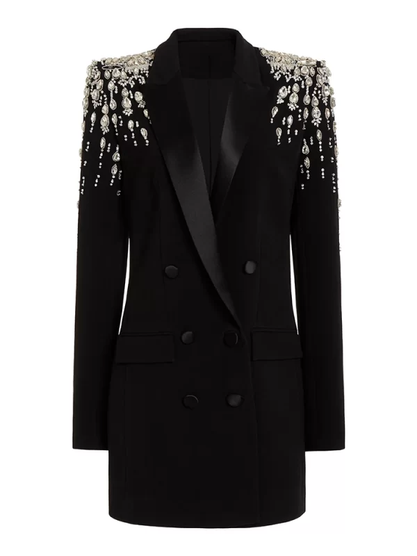 HIGH STREET Newest 2023 Designer Jacket Women s Double Breasted Rhinestone Diamonds Beaded Long Blazer Dress