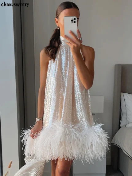 Hanging Neck Sequined Dress For Women Fashion Sleeveless Mini Dress Sparkling Hem Slim Temperament Night Gowns