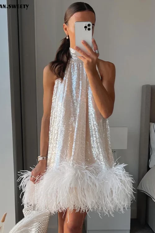 Hanging Neck Sequin Feathered Sleeveless Dress