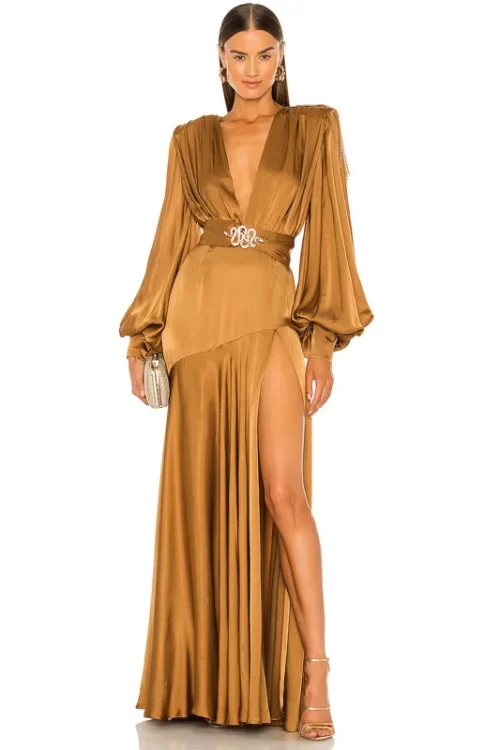 Deep V-shoulder tassel flared sleeves elegant split hem, evening dress