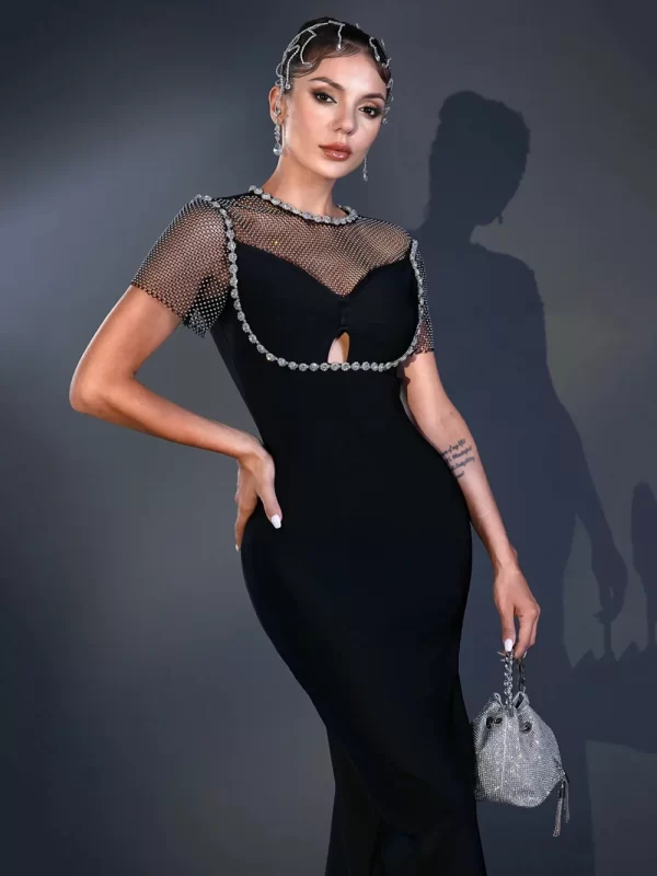 kf S59b4c7d1f1df47c385757a03d68f06c56 Modphy 2024 New Sexy Mesh Diamond Tight Bandage Midi Dress for Women s Black Elegant Celebrity