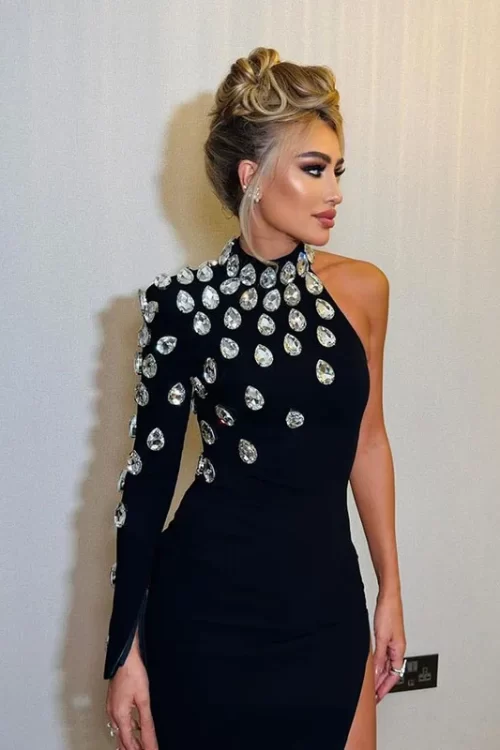 Black Single Shoulder Rhinestone Bandage Ladies Dress