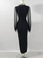 kf S62053fe60b1f48cdb92f2da8e767eaadW 2024 Summer New Women s Black Sexy Diamond Long Sleeved O neck Bandage Midi Dress Bodycon