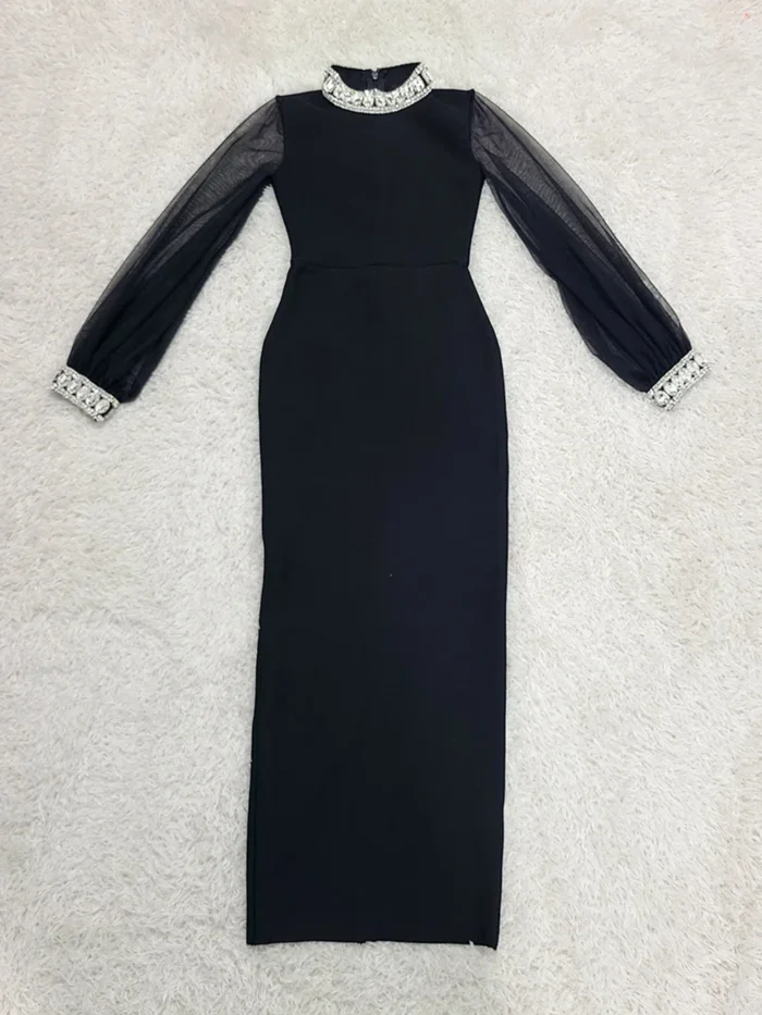 kf Sa8b16eaa1f674345abbe6b8383d8fee86 2024 Summer New Women s Black Sexy Diamond Long Sleeved O neck Bandage Midi Dress Bodycon