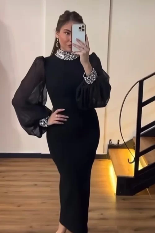 Women’s Black Sexy Diamond Long Sleeved O-neck Bandage Midi Dress