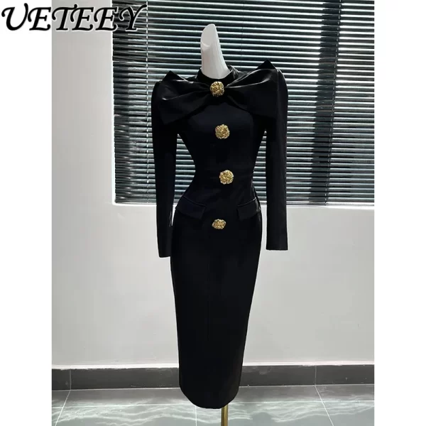 kf S4758b50fc04343e38f14f927e68d5925o French Retro High End Design Long Sleeve Bow Dress for Women 2024 Early Spring New Elegant