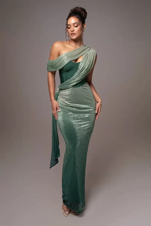 Women Elegant Gala Sparky Green Patchwork Strapless Evening Party Dress