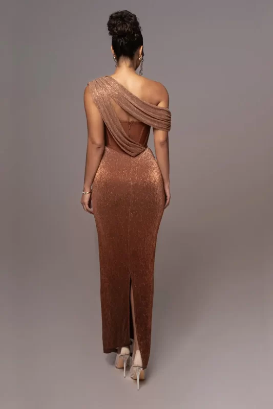 kf S4ce58662c5b54f4d9846753e8d1aa1d91 Women Elegant Luxury Brown Gala Dress Strapless Strap Twist Sparky Cloth Bandage Patchwork Long Celebrity Evening