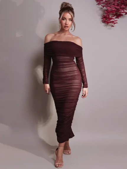 kf S9e69c1c7d331467da52f6a918072ff9e2 Mozision Off shoulder Long Sleeve Sexy Maxi Dress For Women Autumn New Strapless Backless Bodycon Ruched