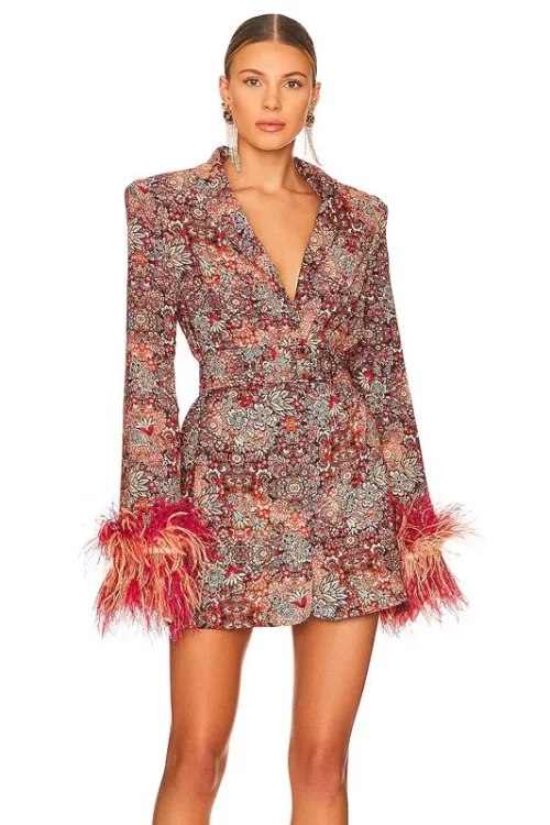 Luxury Designer Floral Blazer Long Sleeve Furry V Dress With Belt