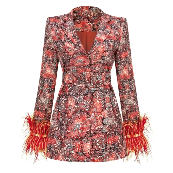 kf Sdc3d2de266b845a48b202f80ffa1e776e Luxury Designer Women Floral Dress Blazer With Belt Long Sleeve Furry V Neck Slim Blazers Jacket