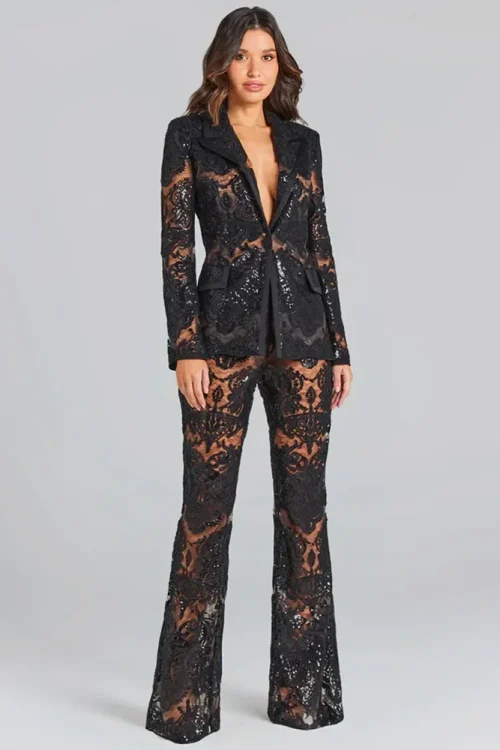 Women Embroidery Hollow Out Long Sleeve Blazer and Flare Pants Two Piece Sets