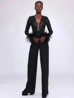 kf S7550e566524b4e7990016cafcac3e536Z Luxury Party Jumpsuits or Women Designer Black Sequines Top Bandage Pants Patachwork Deep V Neck Celebrity