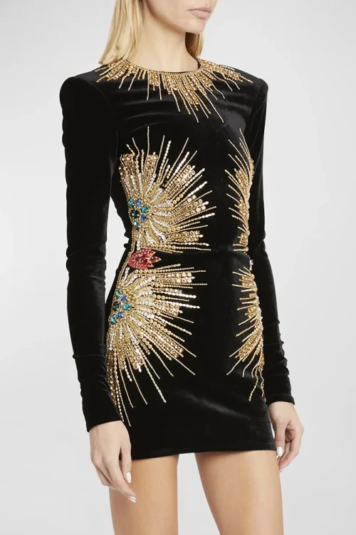 Women’s Long Sleeve Stunning Sequined Rhinestone Beaded Velvet Dress