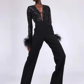 kf Se8e521b2e857443aa473fbc284f63367Q Luxury Party Jumpsuits or Women Designer Black Sequin Deep V Neck Jumpsuit