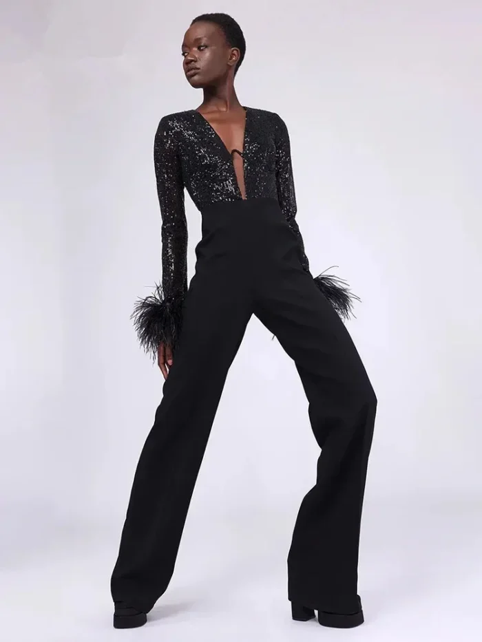 kf Se8e521b2e857443aa473fbc284f63367Q Luxury Party Jumpsuits or Women Designer Black Sequin Deep V Neck Jumpsuit