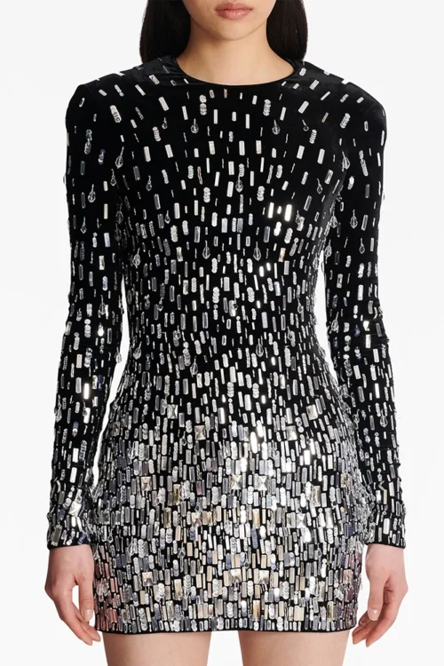 Women’s Long Sleeve Bodycon Sequined Crystal Beaded Velvet Mini Dress