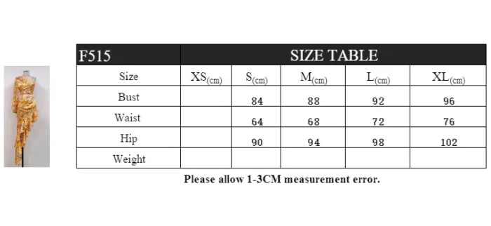 Size chart for the Hollowed-Out Hip Irregular Ruffled Floral Dress (XS-XL): bust 84-96cm, waist 64-76cm, hip 90-102cm. Allow for a 1-3cm measurement error.