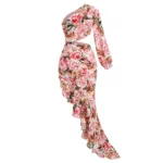 The Hollowed-Out Hip Irregular Ruffled Floral Dress features pink and red flowers, a one-shoulder design with one long sleeve, a waist side cutout, and a ruffled high-low hem for an asymmetrical look.