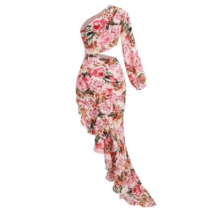 The Hollowed-Out Hip Irregular Ruffled Floral Dress features pink and red flowers, a one-shoulder design with one long sleeve, a waist side cutout, and a ruffled high-low hem for an asymmetrical look.