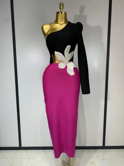 Women Single Shoulder Beaded Bodycon Dress