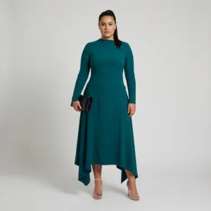 Woman wearing the Slanted Collar Asymmetrical Dress, highlighting the unique collar design and stylish asymmetrical hemline.