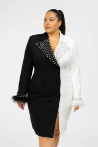 A woman wearing a two-tone blazer dress