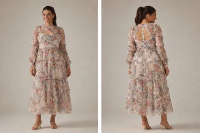 A woman wearing floral translucent patchwork dress with long sleeves, an O-neckline, ankle-length hem, and decorative ruffles, embroidery, and hollow-out details.