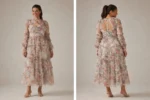 A woman wearing floral translucent patchwork dress with long sleeves, an O-neckline, ankle-length hem, and decorative ruffles, embroidery, and hollow-out details.