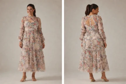 A woman wearing floral translucent patchwork dress with long sleeves, an O-neckline, ankle-length hem, and decorative ruffles, embroidery, and hollow-out details.