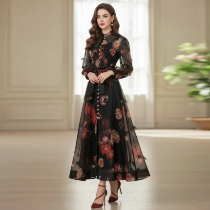 Embroidered Waist Cinch Stand Collar Rose Dress