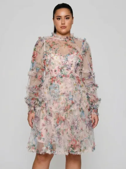 Woman wearing Flora Patchwork Mesh O Neck Dress with floral print and mesh panels