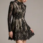 Front view of women's black rhinestone blazer dress