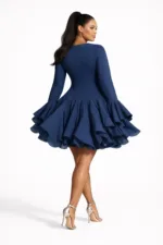 Back view of women's black rhinestone blazer dress