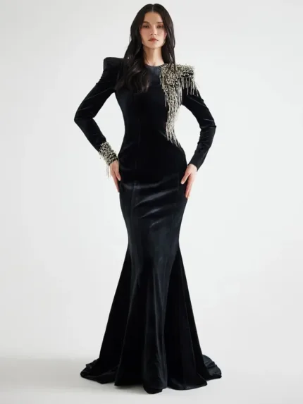 Beaded Design Velvet Floor Length Dress