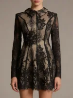 Model wearing black double-breasted rhinestone beaded blazer dress