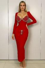 Elegant V-Neck Embellished Dress - embellished waist detail