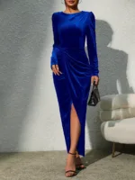 Royal Blue Velvet Slit Dress - model wearing dress