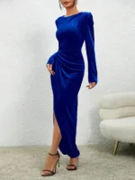 Royal Blue Velvet Slit Dress - close up of fabric